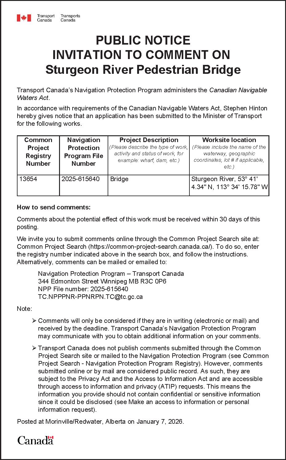 Public notice for the Canadian Navigable Waters Act