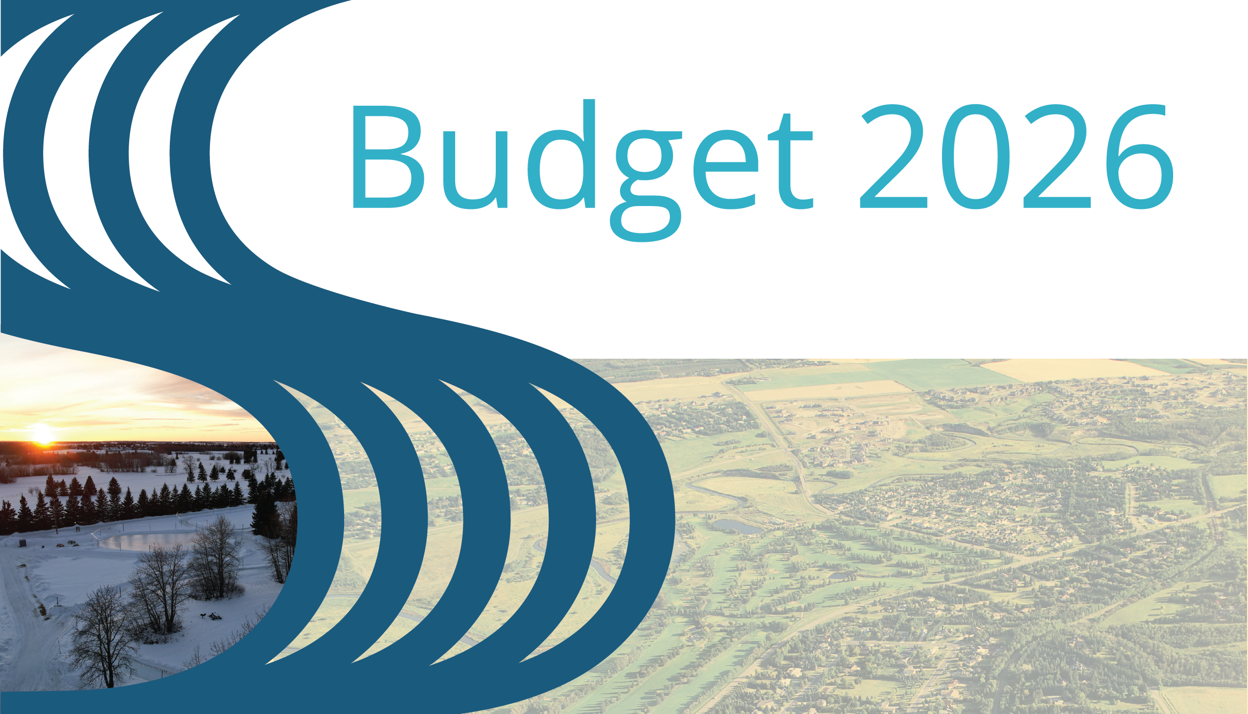 Sturgeon County logo with images of County land in the background and the words "Budget 2026"